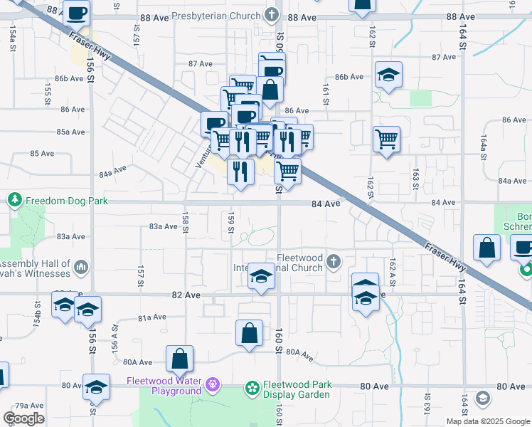 map of restaurants, bars, coffee shops, grocery stores, and more near 15996 84 Avenue in Surrey