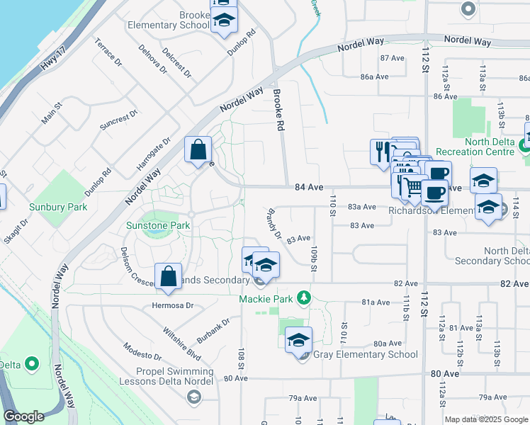 map of restaurants, bars, coffee shops, grocery stores, and more near 10863 Brandy Drive in Delta
