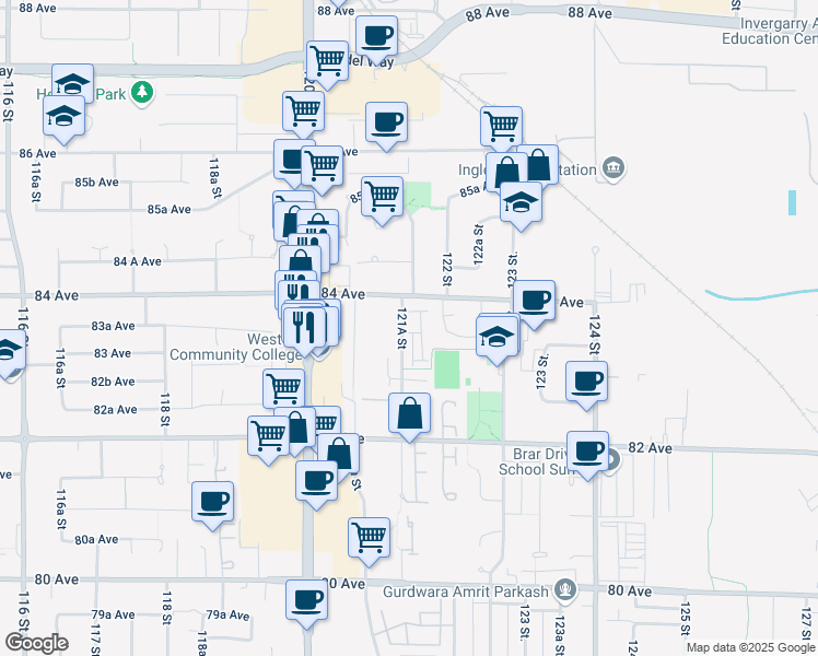 map of restaurants, bars, coffee shops, grocery stores, and more near 8358 121A Street in Surrey