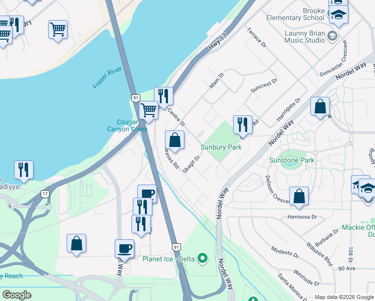 map of restaurants, bars, coffee shops, grocery stores, and more near 8363 Arbour Place in Delta