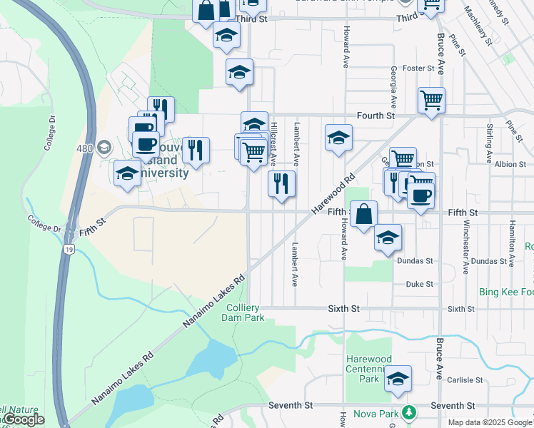 map of restaurants, bars, coffee shops, grocery stores, and more near 705 Fifth Street in Nanaimo