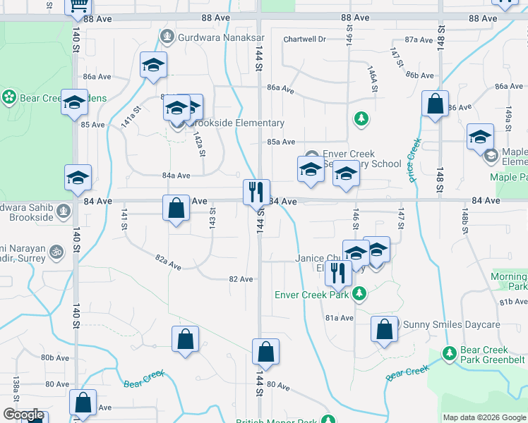 map of restaurants, bars, coffee shops, grocery stores, and more near 8386 144 Street in Surrey