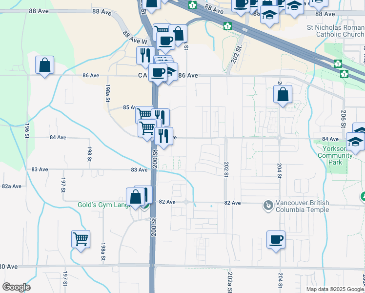 map of restaurants, bars, coffee shops, grocery stores, and more near 8379 201 Street in Langley Township