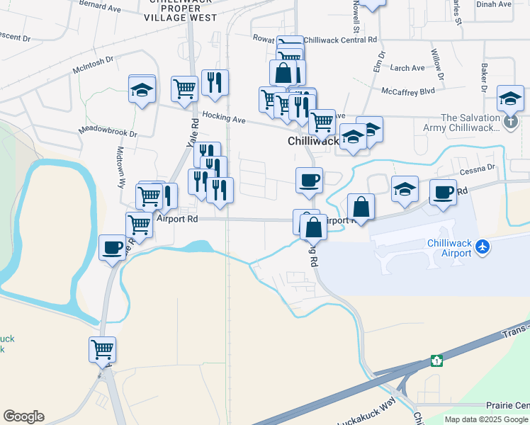 map of restaurants, bars, coffee shops, grocery stores, and more near 45895 Airport Road in Chilliwack