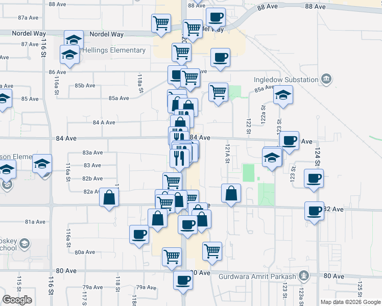 map of restaurants, bars, coffee shops, grocery stores, and more near 8356 120 Street in Surrey