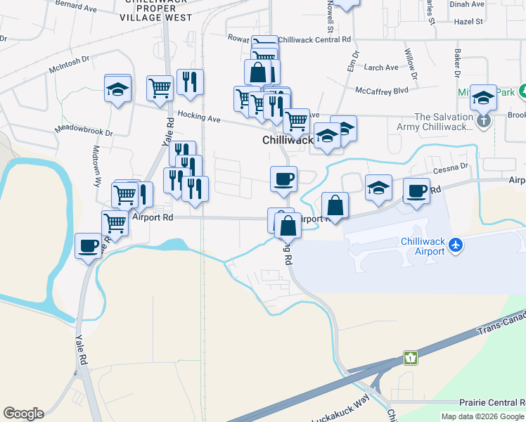 map of restaurants, bars, coffee shops, grocery stores, and more near 45953 Airport Road in Chilliwack
