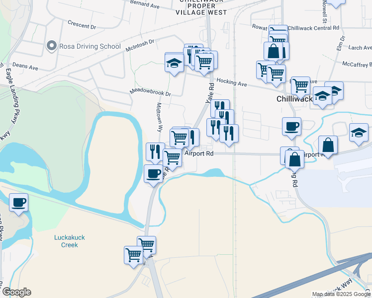 map of restaurants, bars, coffee shops, grocery stores, and more near 45680 Airport Road in Chilliwack