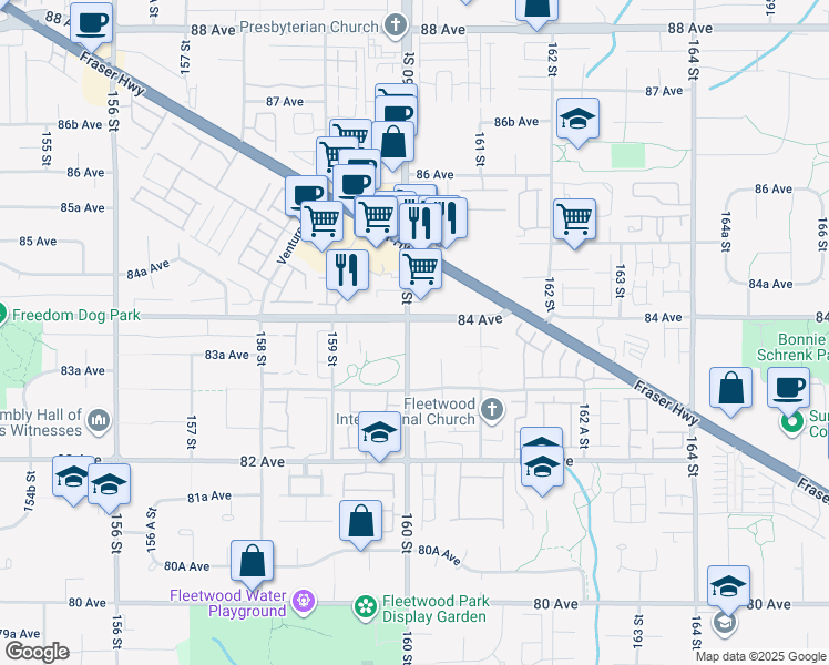 map of restaurants, bars, coffee shops, grocery stores, and more near 8380 160 Street in Surrey