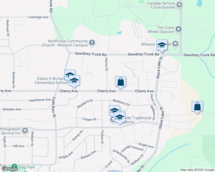 map of restaurants, bars, coffee shops, grocery stores, and more near 8442 Harms Street in Mission