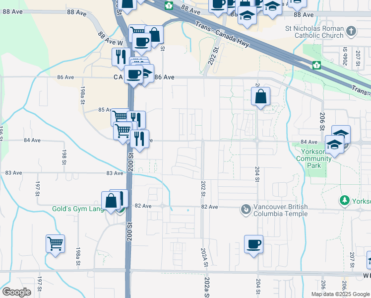 map of restaurants, bars, coffee shops, grocery stores, and more near 20180 84 Avenue in Langley Township