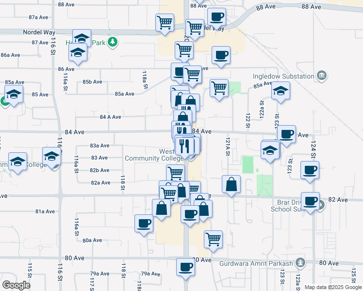 map of restaurants, bars, coffee shops, grocery stores, and more near 8375 Scott Road in Delta