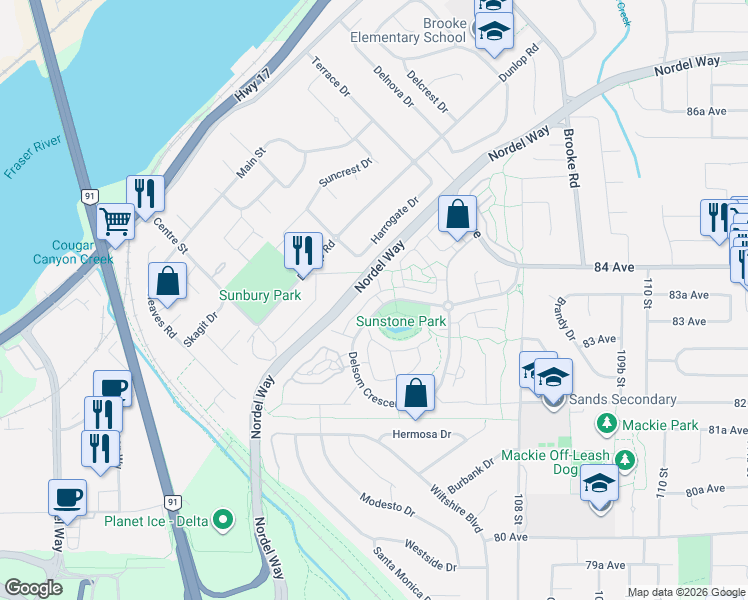 map of restaurants, bars, coffee shops, grocery stores, and more near 10415 Delsom Crescent in Delta