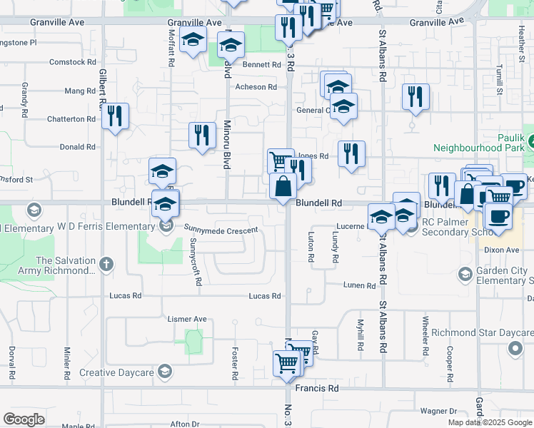 map of restaurants, bars, coffee shops, grocery stores, and more near 7760 Blundell Road in Richmond