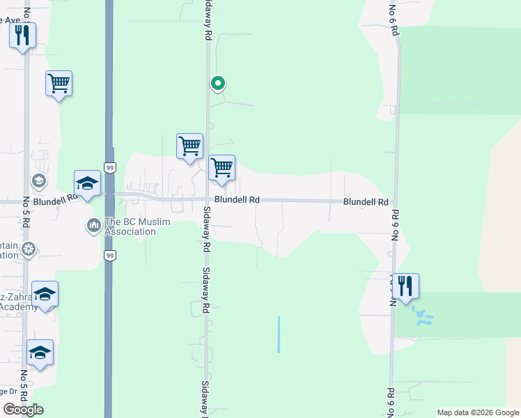 map of restaurants, bars, coffee shops, grocery stores, and more near 13220 Blundell Road in Richmond