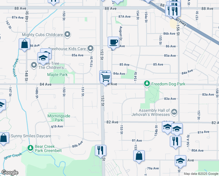 map of restaurants, bars, coffee shops, grocery stores, and more near 8391 152A Street in Surrey