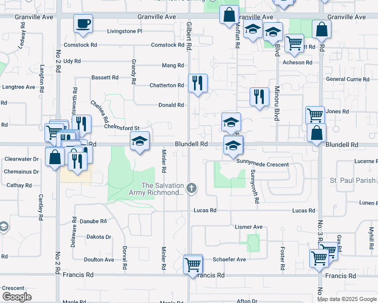 map of restaurants, bars, coffee shops, grocery stores, and more near 8059 Gilbert Road in Richmond