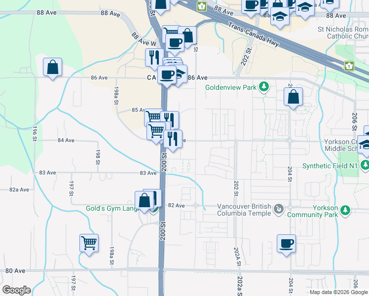 map of restaurants, bars, coffee shops, grocery stores, and more near 8380 200A Street in Langley Township