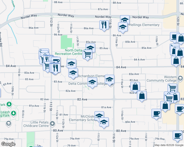 map of restaurants, bars, coffee shops, grocery stores, and more near 11457 83A Avenue in Delta