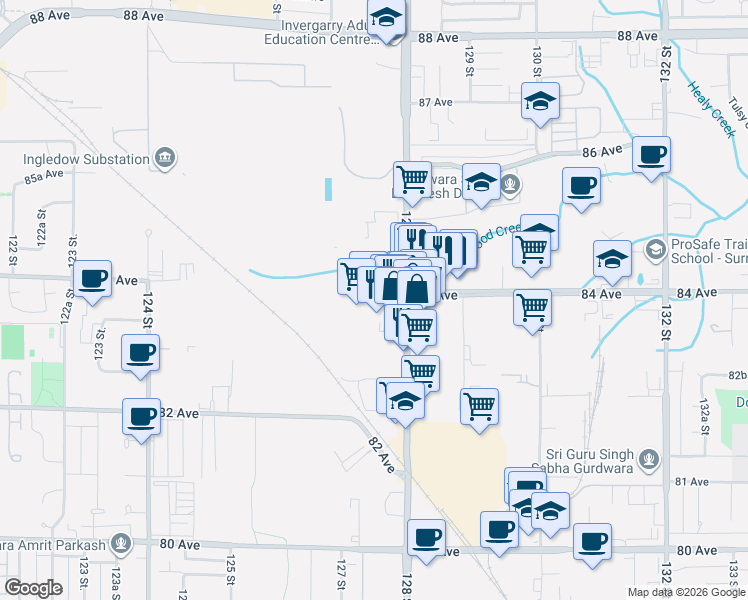 map of restaurants, bars, coffee shops, grocery stores, and more near 8381 128 Street in Surrey