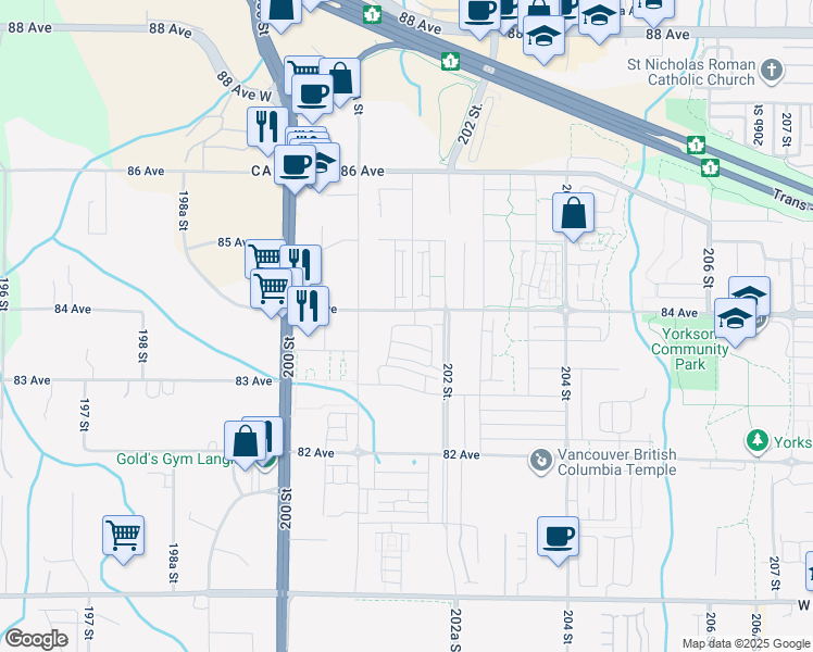 map of restaurants, bars, coffee shops, grocery stores, and more near 20180 84 Avenue in Langley