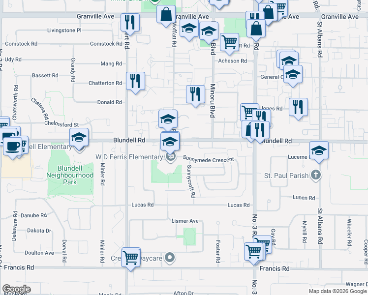 map of restaurants, bars, coffee shops, grocery stores, and more near 7288 Blundell Road in Richmond