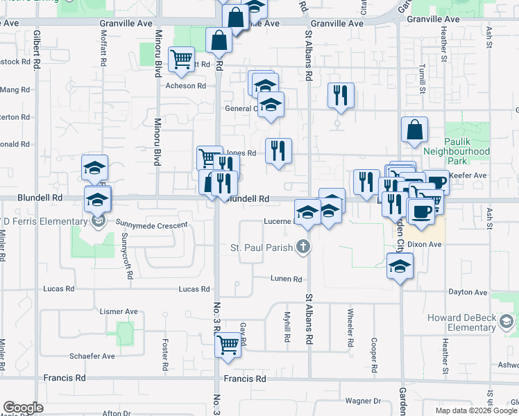map of restaurants, bars, coffee shops, grocery stores, and more near 8188 Blundell Road in Richmond