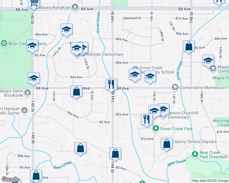 map of restaurants, bars, coffee shops, grocery stores, and more near 8386 144 Street in Surrey
