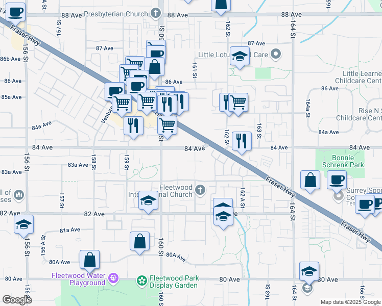 map of restaurants, bars, coffee shops, grocery stores, and more near 16088 84 Avenue in Surrey