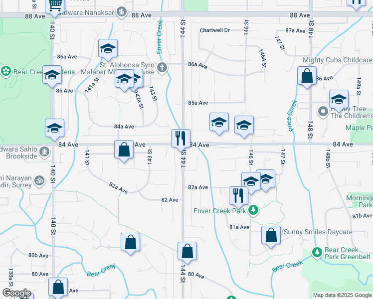 map of restaurants, bars, coffee shops, grocery stores, and more near 8386 144 Street in Surrey