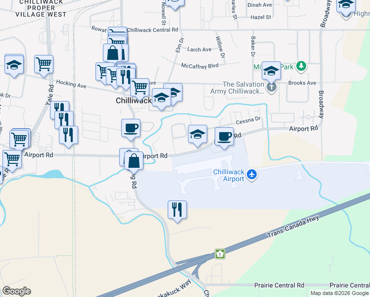 map of restaurants, bars, coffee shops, grocery stores, and more near 46151 Airport Road in Chilliwack