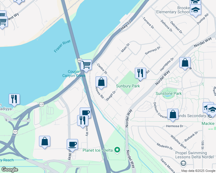 map of restaurants, bars, coffee shops, grocery stores, and more near 8373 Arbour Place in Delta