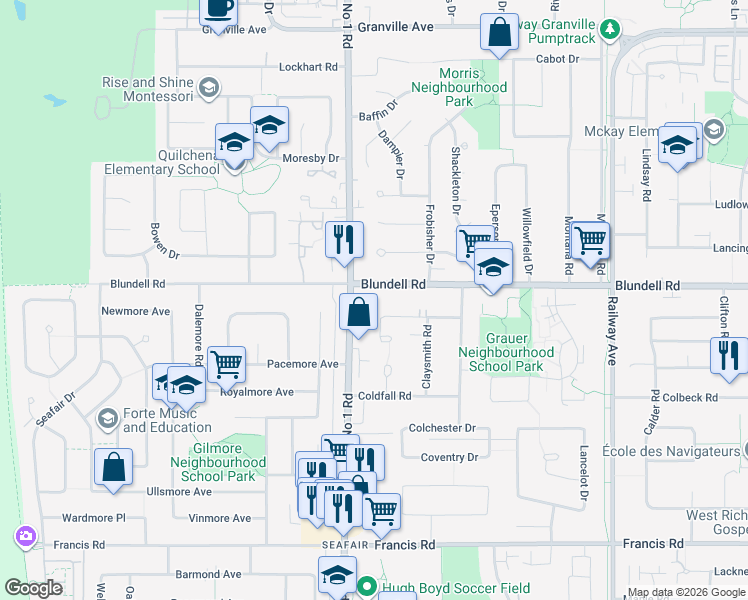 map of restaurants, bars, coffee shops, grocery stores, and more near 4088 Blundell Road in Richmond