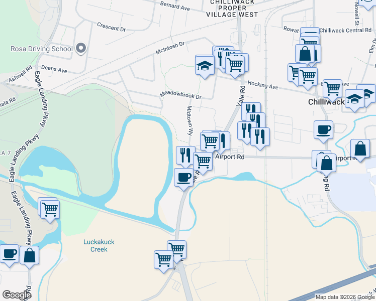 map of restaurants, bars, coffee shops, grocery stores, and more near 45562 Airport Road in Chilliwack
