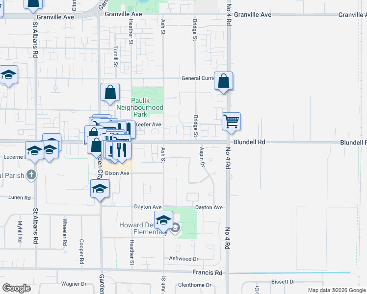 map of restaurants, bars, coffee shops, grocery stores, and more near 9520 Blundell Road in Richmond