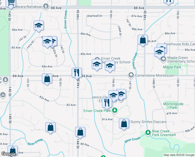 map of restaurants, bars, coffee shops, grocery stores, and more near 14532 84 Avenue in Surrey