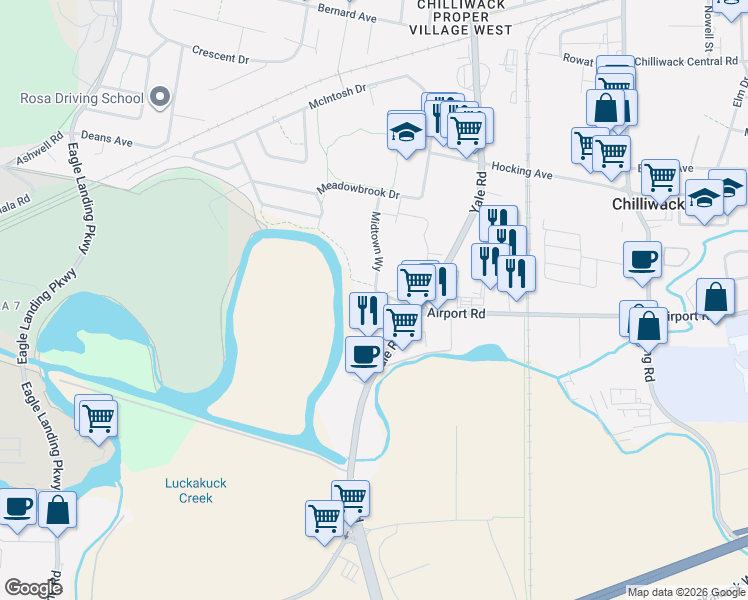 map of restaurants, bars, coffee shops, grocery stores, and more near 45562 Airport Road in Chilliwack