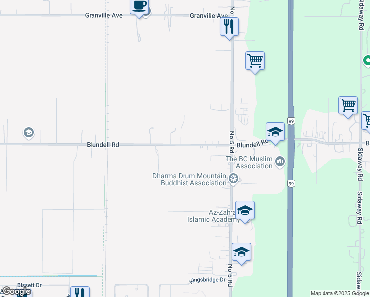 map of restaurants, bars, coffee shops, grocery stores, and more near 11566 Blundell Road in Richmond