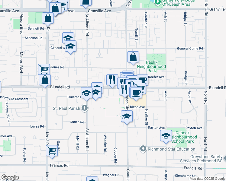 map of restaurants, bars, coffee shops, grocery stores, and more near 8700 Blundell Road in Richmond