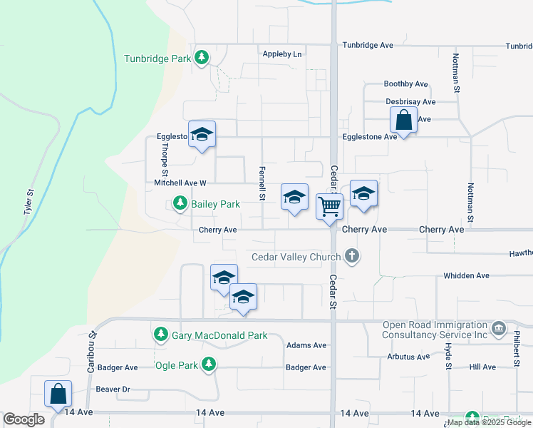 map of restaurants, bars, coffee shops, grocery stores, and more near 8434 Fennell Street in Mission