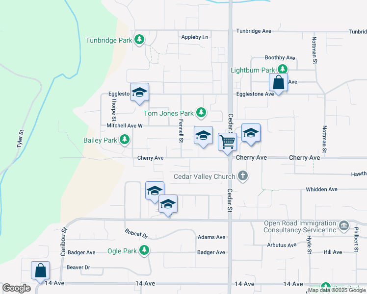 map of restaurants, bars, coffee shops, grocery stores, and more near 8434 Fennell Street in Mission