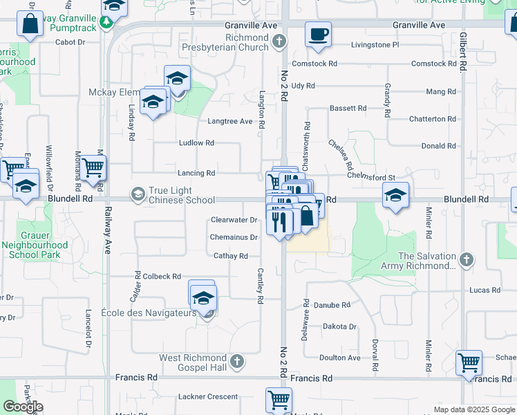 map of restaurants, bars, coffee shops, grocery stores, and more near 5660 Blundell Road in Richmond