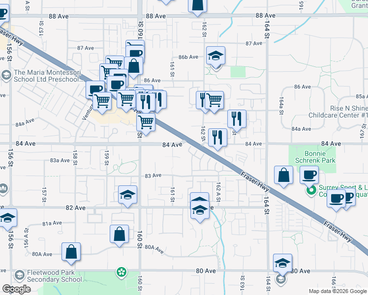 map of restaurants, bars, coffee shops, grocery stores, and more near in Surrey