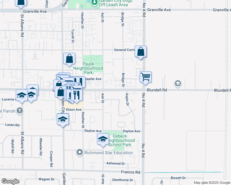 map of restaurants, bars, coffee shops, grocery stores, and more near 9520 Blundell Road in Richmond