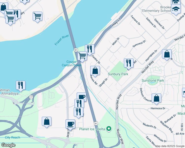 map of restaurants, bars, coffee shops, grocery stores, and more near 8370 Sheaves Road in Delta