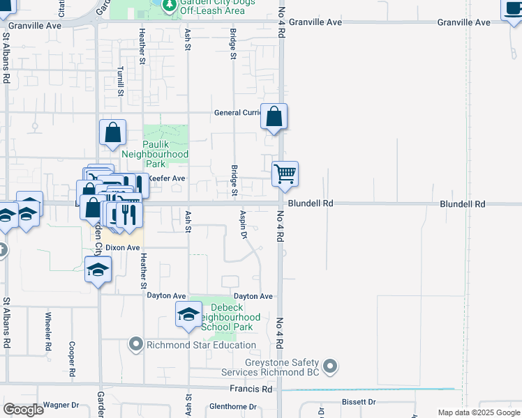 map of restaurants, bars, coffee shops, grocery stores, and more near 9700 Blundell Road in Richmond
