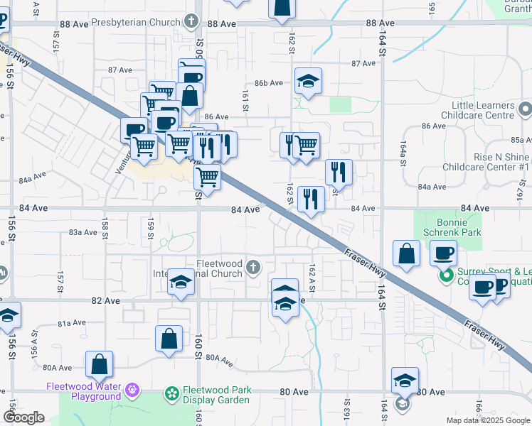 map of restaurants, bars, coffee shops, grocery stores, and more near in Surrey
