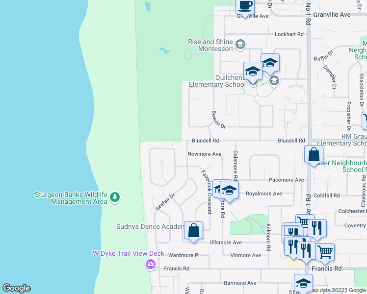map of restaurants, bars, coffee shops, grocery stores, and more near 8031 Seafair Drive in Richmond