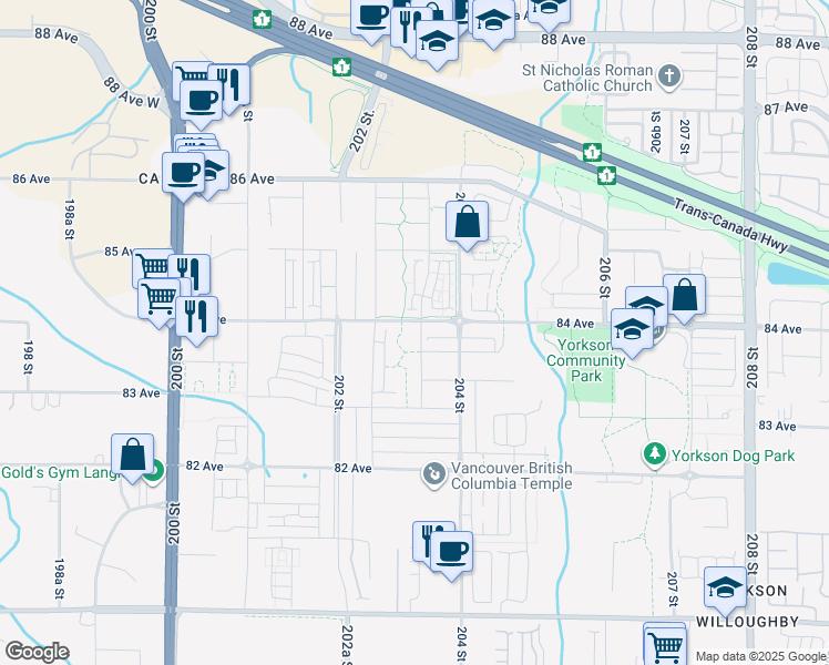 map of restaurants, bars, coffee shops, grocery stores, and more near in Langley Township