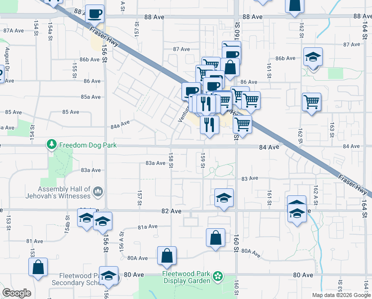 map of restaurants, bars, coffee shops, grocery stores, and more near in Surrey