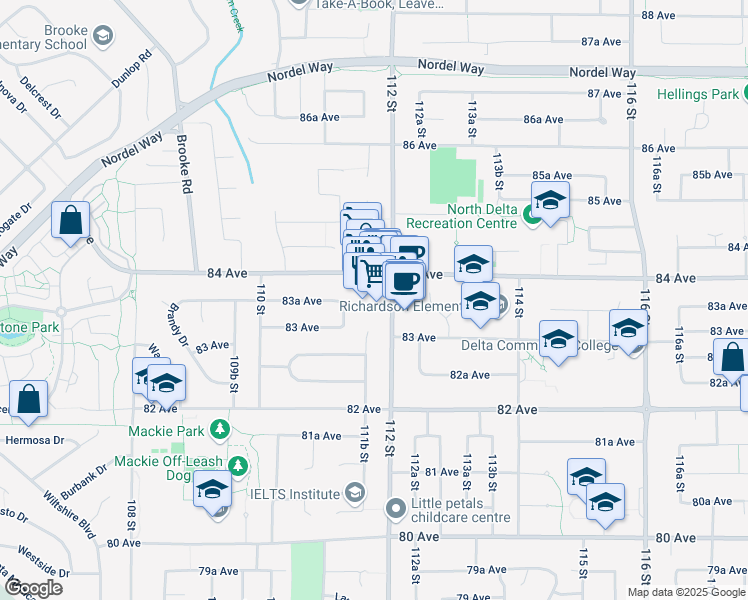 map of restaurants, bars, coffee shops, grocery stores, and more near 11198 84 Avenue in Delta
